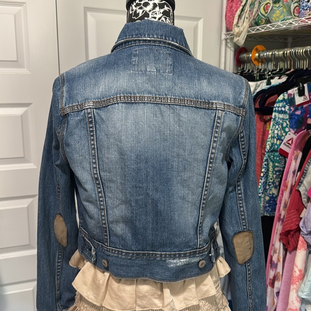 Old Navy Cropped Blue Denim Jacket Elbow Patch Medium - Picture 6 of 11